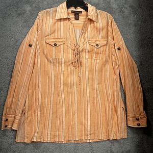 Bandolino Striped Tunic Womens 14 Orange White Cotton Lace Up Roll Tab Sleeve